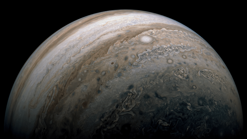 Jupiter imaged in November 2020 by the Juno spacecraft on its 30th perijove. Processed by Kevin Gill.